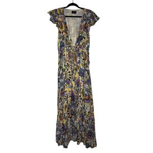 VICI Maxi Dress Floral Print Tie Front‎ Flutter Sleeve Deep V Neck Size XL